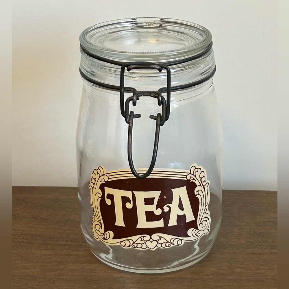 VINTAGE NIVEAU DE REMPLISSAGE GLASS TEA JAR CANISTER WITH BAIL WIRE HINGED LID